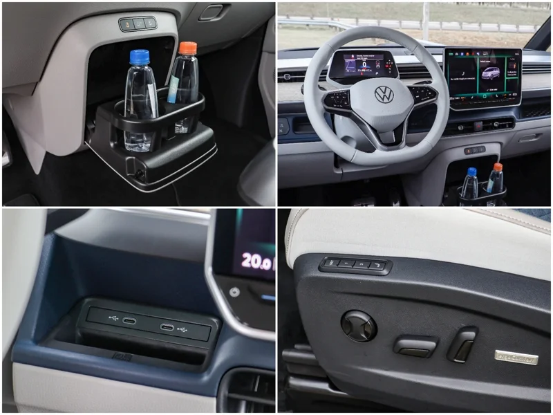 福斯商旅Volkswagen ID. Buzz Pro S長軸版車內有著多處收納空間，且在前排、第二排與後排都可見USB Type-C插槽的設計。 記者黃俐嘉／攝影